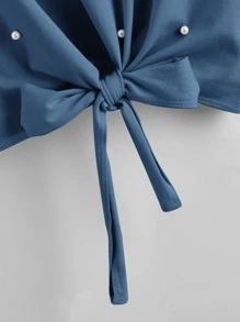 SHEIN LUNE 大碼珍珠串珠下擺打結T恤 - 霧霾藍 - 查看 4