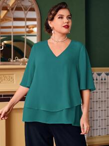 EMERY ROSE Plus Butterfly Sleeve Overlay Blouse - Teal Blue - View 1