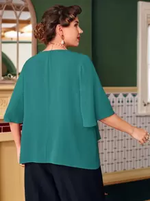 EMERY ROSE Plus Butterfly Sleeve Overlay Blouse - Teal Blue - View 2