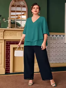 EMERY ROSE Plus Butterfly Sleeve Overlay Blouse - Teal Blue - View 3