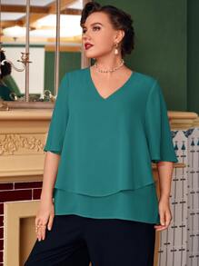 EMERY ROSE Plus Butterfly Sleeve Overlay Blouse - Teal Blue - View 5