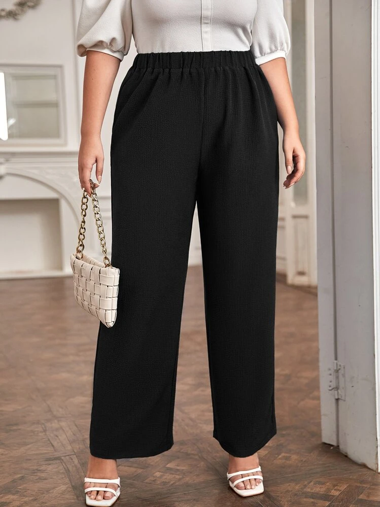 SHEIN LUNE Plus Solid Wide Leg Pants - Black - View 1