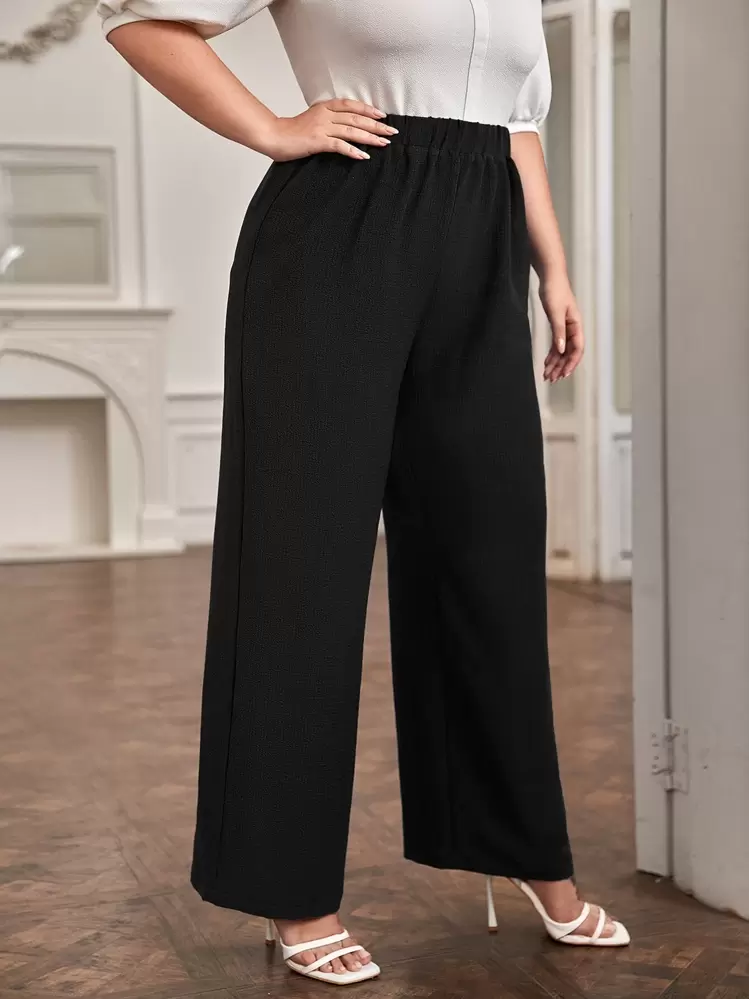 SHEIN LUNE Plus Solid Wide Leg Pants - Black - View 4