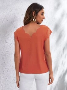 SHEIN Clasi Double V Neck Scallop Edge Top - Burnt Orange - View 2