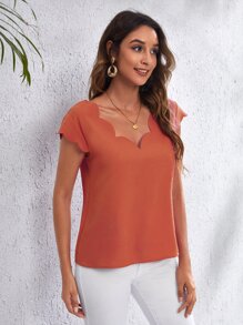 SHEIN Clasi Double V Neck Scallop Edge Top - Burnt Orange - View 3