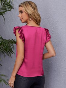 SHEIN Clasi V Neck Ruffle Armhole Blouse - Hot Pink - View 2