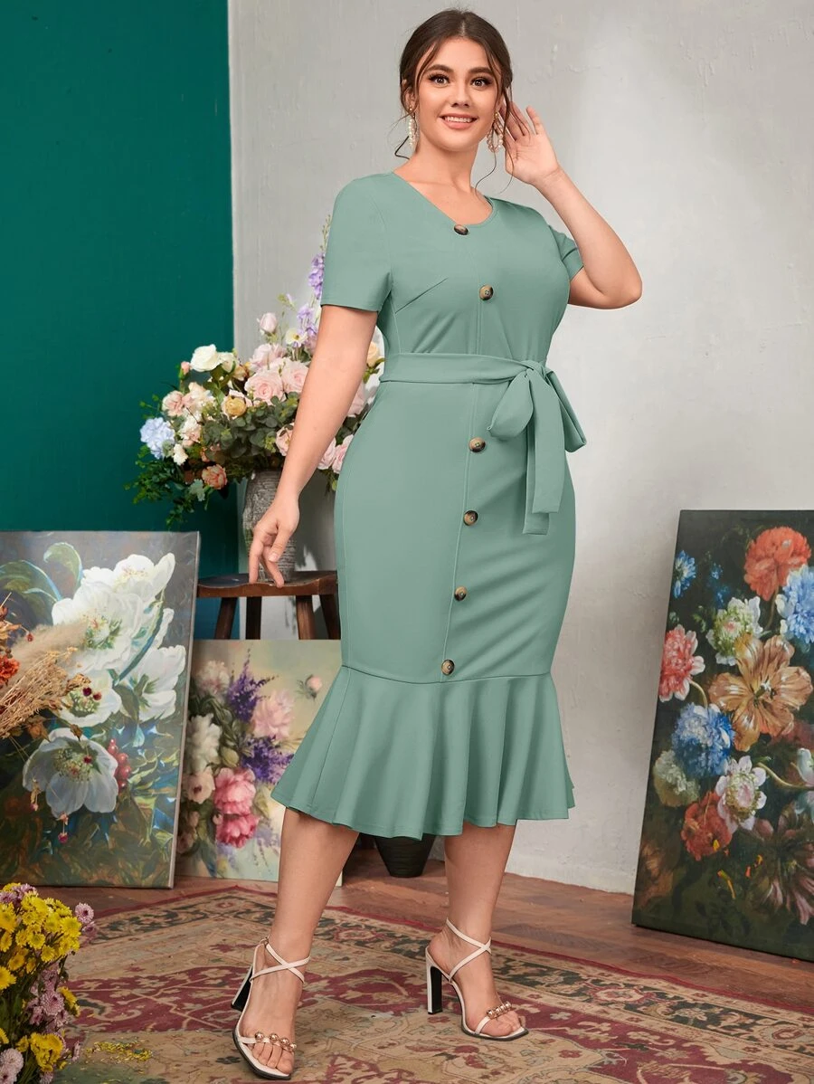 SHEIN Clasi Plus Button Front Mermaid Hem Belted Dress - Mint Green - View 1