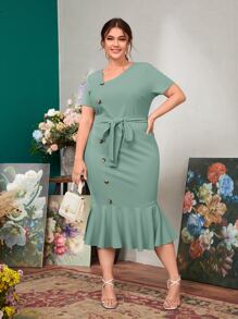 SHEIN Clasi Plus Button Front Mermaid Hem Belted Dress - Mint Green - View 4