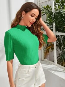 SHEIN Essnce Mock Neck Lettuce Trim Rib-knit Tee - Green - View 4