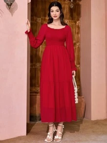 Modelyn Solid Flounce Sleeve Ruffle Hem A-line Dress - Red - View 1