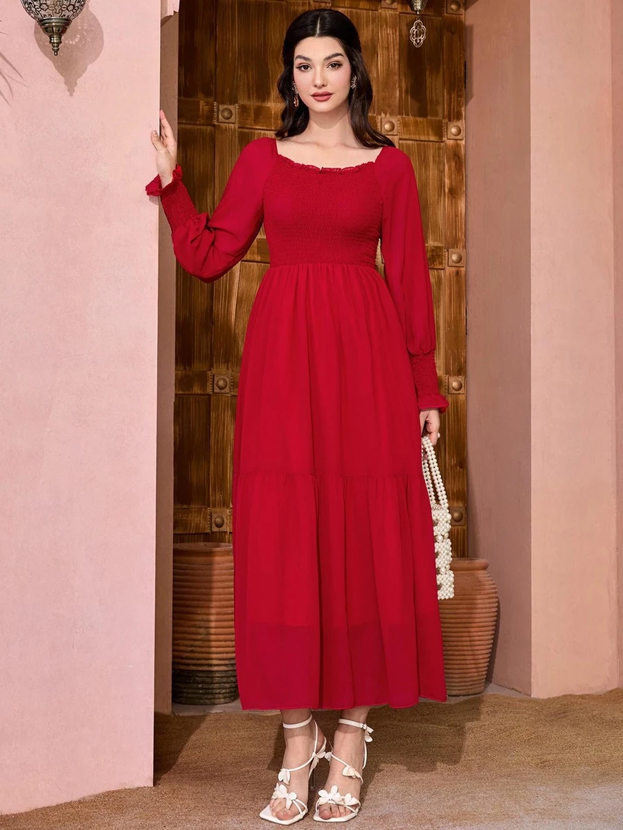 Modelyn Solid Flounce Sleeve Ruffle Hem A-line Dress - Red - View 1