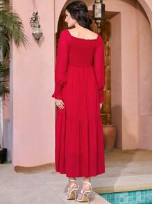 Modelyn Solid Flounce Sleeve Ruffle Hem A-line Dress - Red - View 2