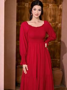 Modelyn Solid Flounce Sleeve Ruffle Hem A-line Dress - Red - View 3