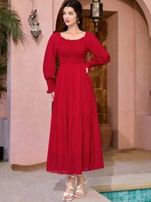 Modelyn Solid Flounce Sleeve Ruffle Hem A-line Dress - Red - View 4