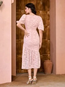 Modelyn 提花雞心領口泡泡袖褶邊荷葉邊洋裝 - 珊瑚粉 - 查看 2
