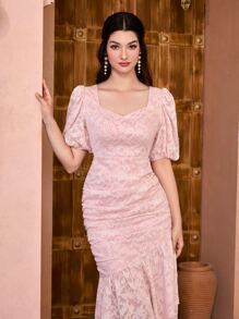 Modelyn 提花雞心領口泡泡袖褶邊荷葉邊洋裝 - 珊瑚粉 - 查看 4