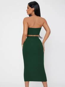 SHEIN PETITE 羅紋針織短款抹胸上衣和鉛筆裙套裝 - 墨綠色 - 查看 2