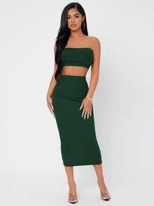 SHEIN PETITE 羅紋針織短款抹胸上衣和鉛筆裙套裝 - 墨綠色 - 查看 4