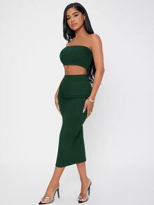 SHEIN PETITE 羅紋針織短款抹胸上衣和鉛筆裙套裝 - 墨綠色 - 查看 3