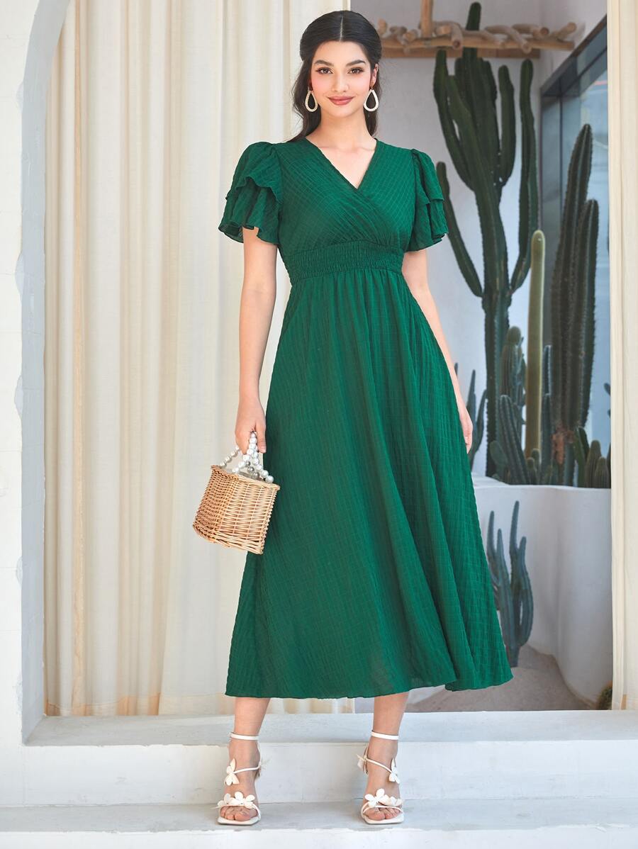 Mulvari 圓點多層蝴蝶袖腰部打褶洋裝 - 墨綠色 - 查看 1