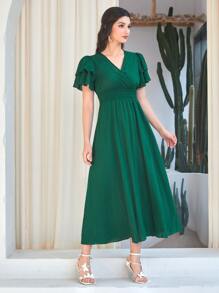 Mulvari 圓點多層蝴蝶袖腰部打褶洋裝 - 墨綠色 - 查看 3