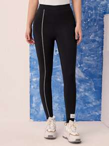 Mulvari Letter Graphic Contrast Piping Leggings - Black - View 1