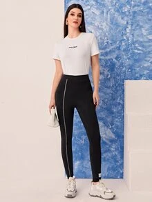 Mulvari Letter Graphic Contrast Piping Leggings - Black - View 3