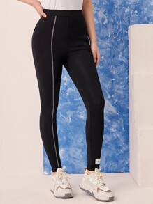 Mulvari Letter Graphic Contrast Piping Leggings - Black - View 6