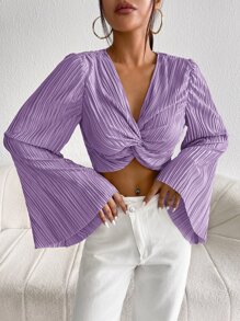 SHEIN Privé Twist Front Flounce Sleeve Plisse Crop Top - Lilac Purple - View 1