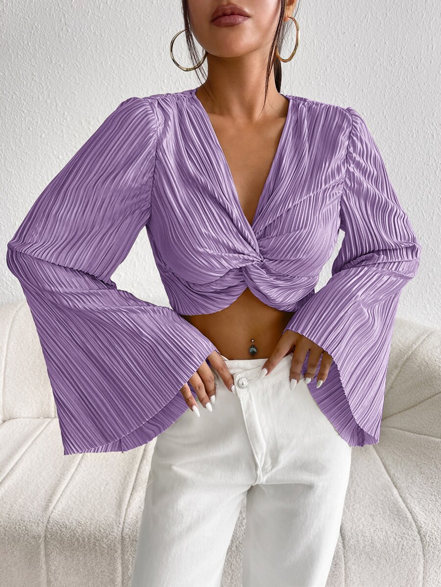 SHEIN Privé Twist Front Flounce Sleeve Plisse Crop Top - Lilac Purple - View 1
