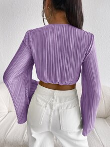 SHEIN Privé Twist Front Flounce Sleeve Plisse Crop Top - Lilac Purple - View 2