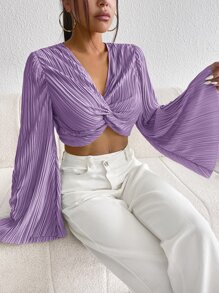 SHEIN Privé Twist Front Flounce Sleeve Plisse Crop Top - Lilac Purple - View 4