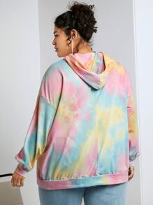 SHEIN CURVE+ Plus Tie Dye Letter Graphic Kangaroo Pocket Drop Shoulder Drawstring Hoodie - Multicolor - View 2