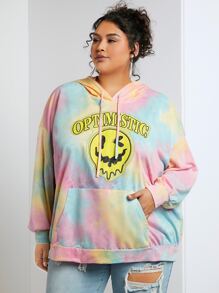 SHEIN CURVE+ Plus Tie Dye Letter Graphic Kangaroo Pocket Drop Shoulder Drawstring Hoodie - Multicolor - View 3