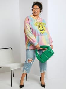 SHEIN CURVE+ Plus Tie Dye Letter Graphic Kangaroo Pocket Drop Shoulder Drawstring Hoodie - Multicolor - View 6