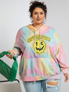 SHEIN CURVE+ Plus Tie Dye Letter Graphic Kangaroo Pocket Drop Shoulder Drawstring Hoodie - Multicolor - View 7