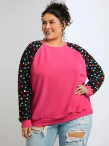 SHEIN CURVE+ Plus Heart Print Raglan Sleeve Pullover - Hot Pink - View 4