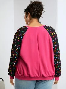 SHEIN CURVE+ Plus Heart Print Raglan Sleeve Pullover - Hot Pink - View 2