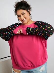 SHEIN CURVE+ Plus Heart Print Raglan Sleeve Pullover - Hot Pink - View 1