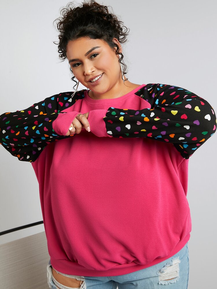 SHEIN CURVE+ Plus Heart Print Raglan Sleeve Pullover - Hot Pink - View 1