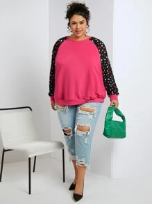 SHEIN CURVE+ Plus Heart Print Raglan Sleeve Pullover - Hot Pink - View 5