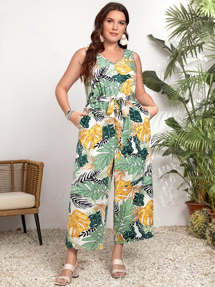 EMERY ROSE Plus Tropical Print Belted Jumpsuit - Multicolor - View 1