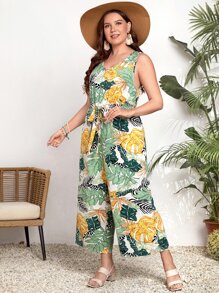 EMERY ROSE Plus Tropical Print Belted Jumpsuit - Multicolor - View 3