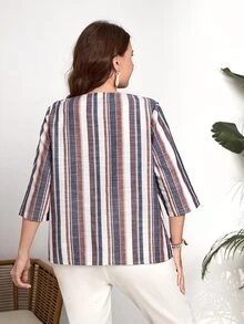 EMERY ROSE Áo sơ mi Plus Size Nút phía trước Sọc Giải trí - Nhiều màu - Xem 2