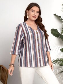 EMERY ROSE Áo sơ mi Plus Size Nút phía trước Sọc Giải trí - Nhiều màu - Xem 3