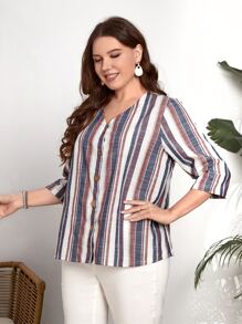 EMERY ROSE Áo sơ mi Plus Size Nút phía trước Sọc Giải trí - Nhiều màu - Xem 5