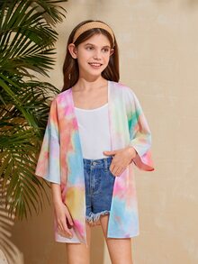 SHEIN Girls Tie Dye & Letter Graphic Kimono - Multicolor - View 2