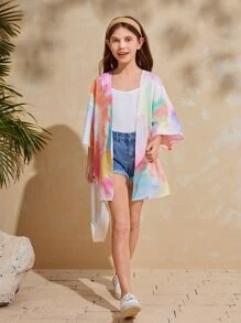 SHEIN Girls Tie Dye & Letter Graphic Kimono - Multicolor - View 3