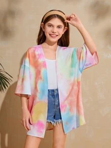 SHEIN Girls Tie Dye & Letter Graphic Kimono - Multicolor - View 4