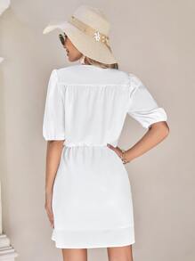 SHEIN VCAY Surplice Neck Puff Sleeve Wrap Hem Dress - White - View 2